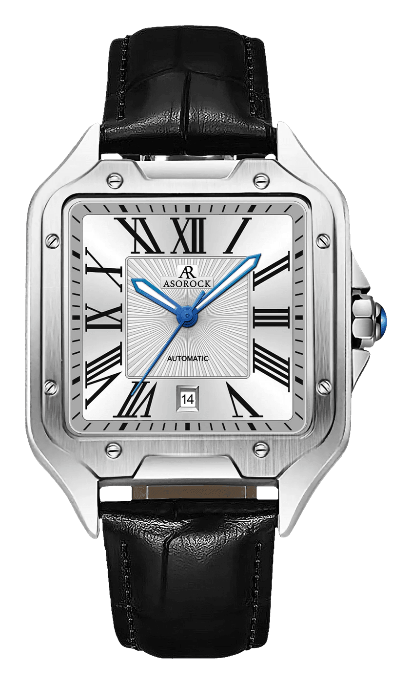 Asorock Diplomat with a silver and white dial, black Roman numerals, blue hands with white inserts and a date at 6, in a steel case with eight screws on its square bezel and a blue stone on the crown, on a black leather strap