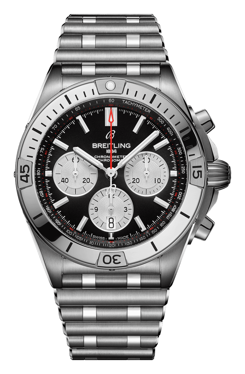 Breitling Chronomat B01 42 with a black dial, silver counters and rider tabs on its Rouleaux bracelet