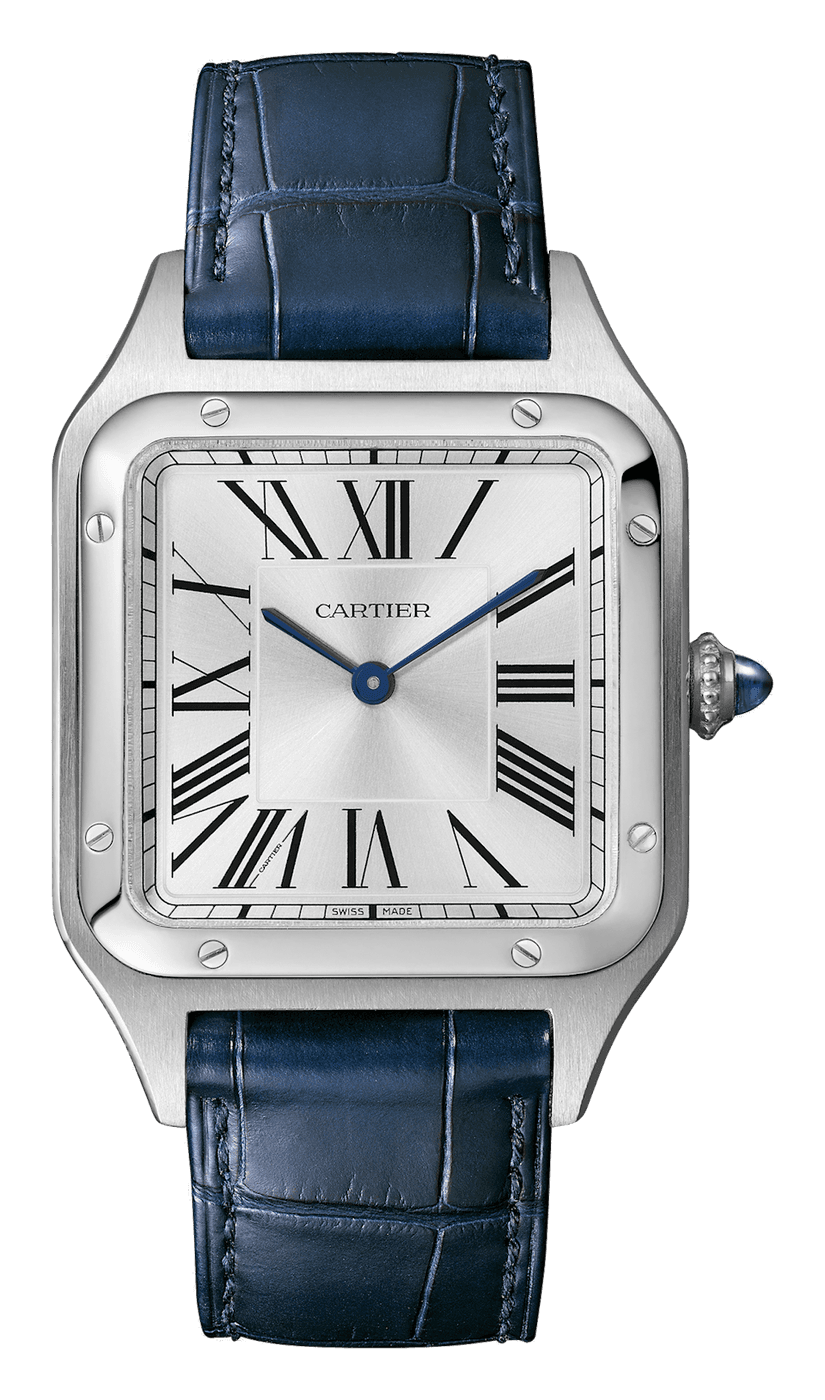 Cartier Santos-Dumont, large, with a silver dial, black Roman numerals and blue hands, in a steel case with eight screws on its square bezel and a blue stone on the crown, on a navy alligator strap