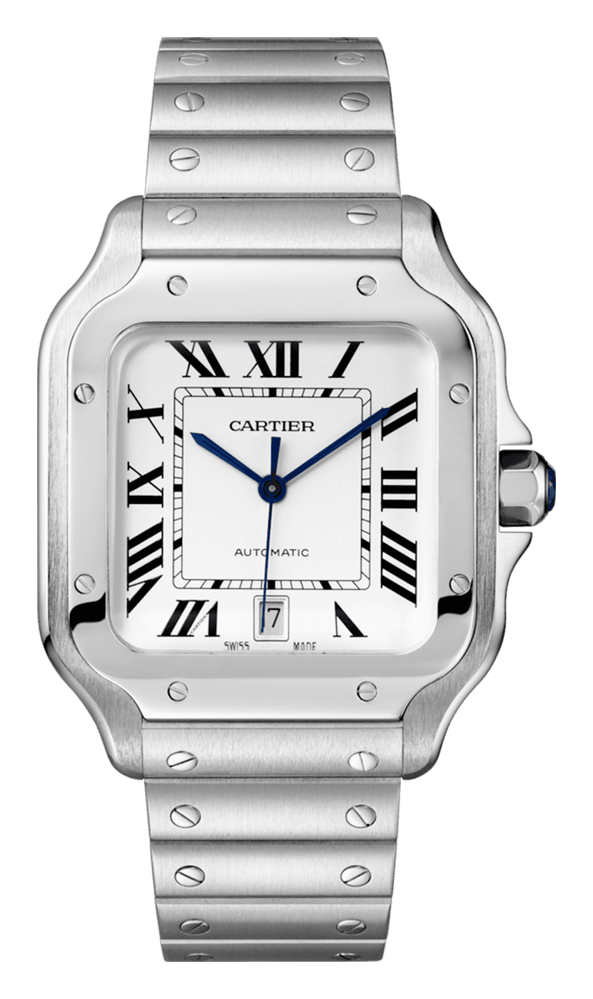 Cartier Santos de Cartier, large, with a silvered dial, black Roman numerals, blue sword-shaped hands and a date at 6, in a steel case with eight screws on its square bezel and a blue stone in the crown, on a steel bracelet with screws on its links