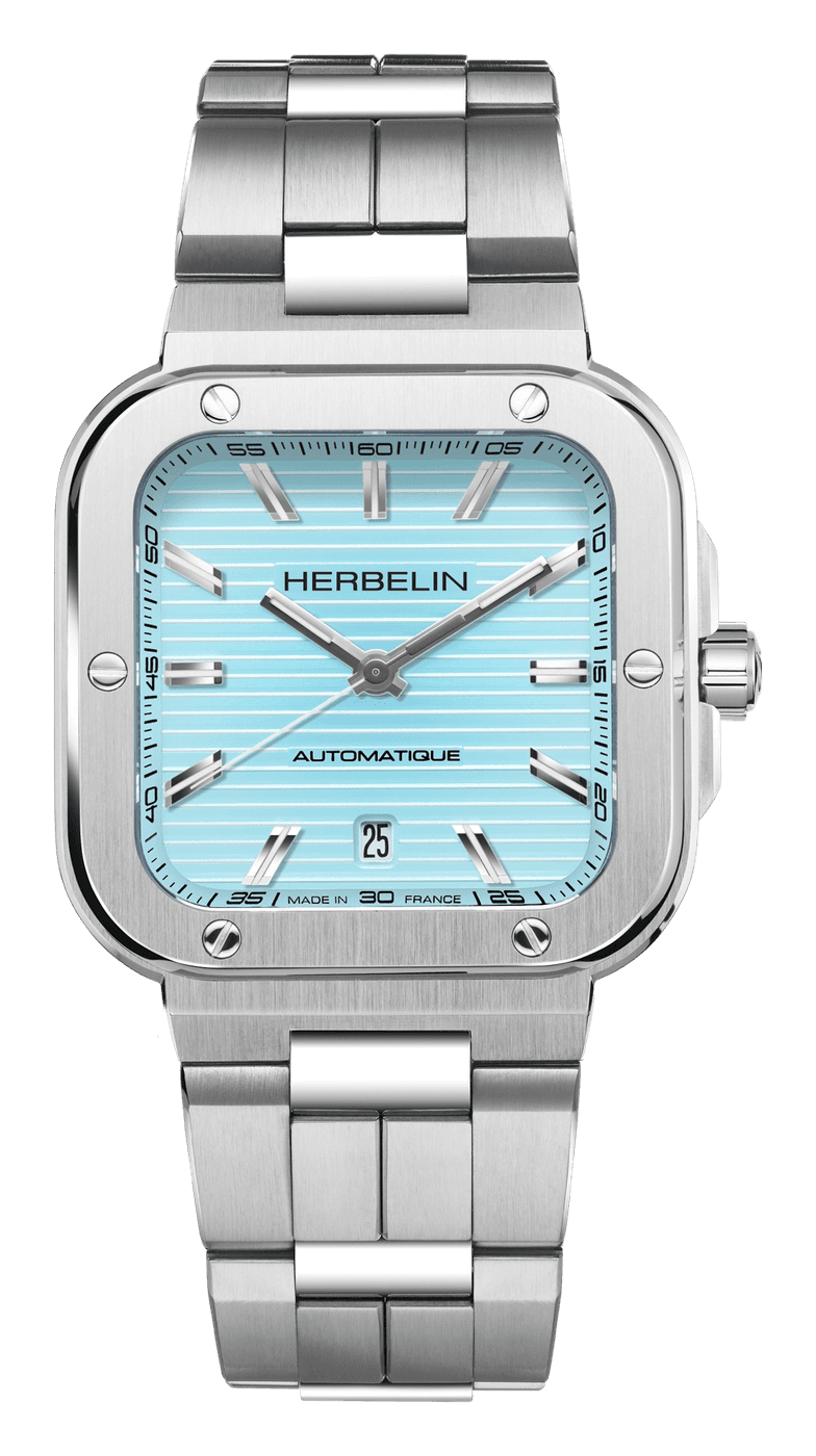 Herbelin Cap Camarat Square Automatic with an Arctic Blue dial with horizontal stripes, steel baton markers and a date at 6, in a square steel case with six screws on the bezel, on an integrated steel bracelet