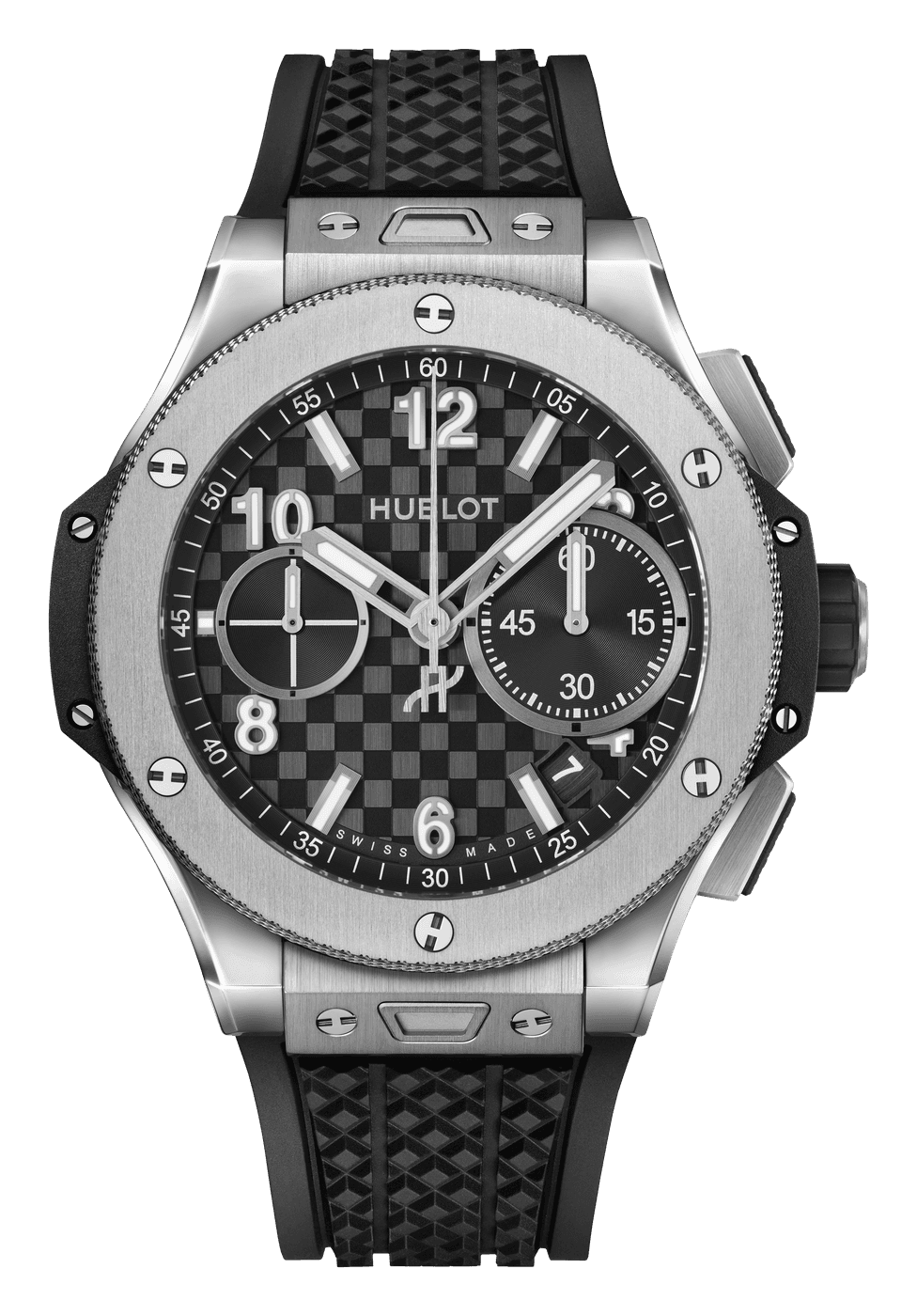 Hublot Big Bang Original Unico Titanium 43 mm with a black checkerboard dial and six H-shaped screws on the bezel, on a black rubber strap