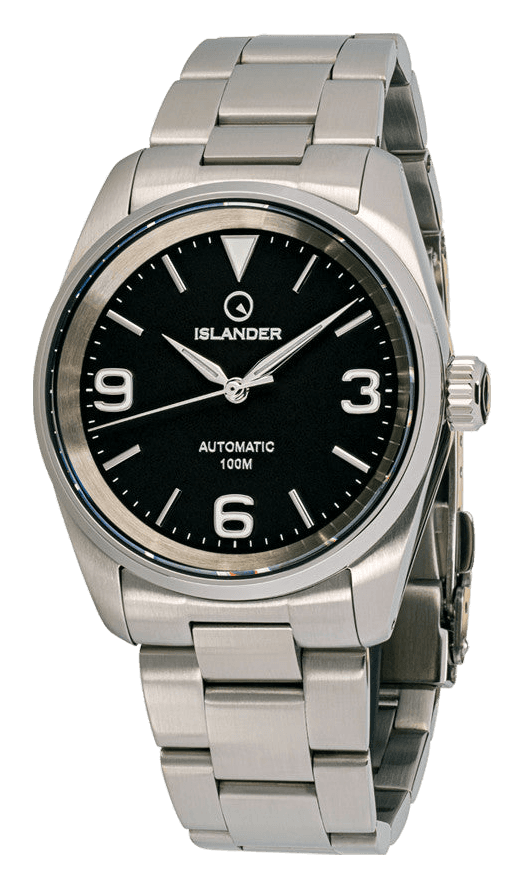 Islander Manhasset ISL-145, photographed at a slight angle, with a black dial, applied 3, 6 and 9 numerals, a triangle at 12 and sword hands, on a brushed steel bracelet