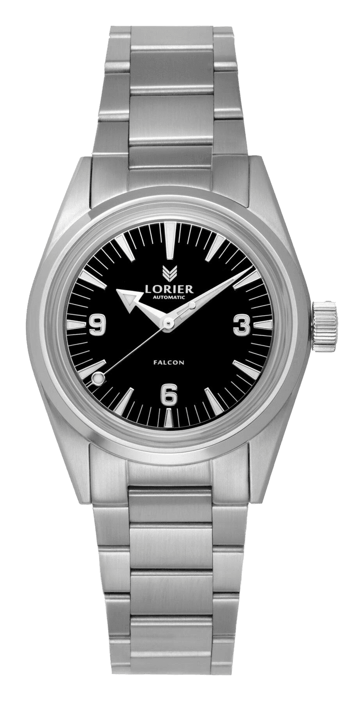 Lorier Falcon 325080 with a glossy black dial, applied 3, 6 and 9 numerals and a broad-arrow hour hand, with a polished bezel on a steel bracelet