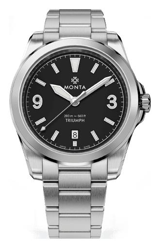 Monta Triumph with a black dial, applied 3 and 9 numerals, sword hands and a date at 6, in a steel case with crown guards on a steel bracelet