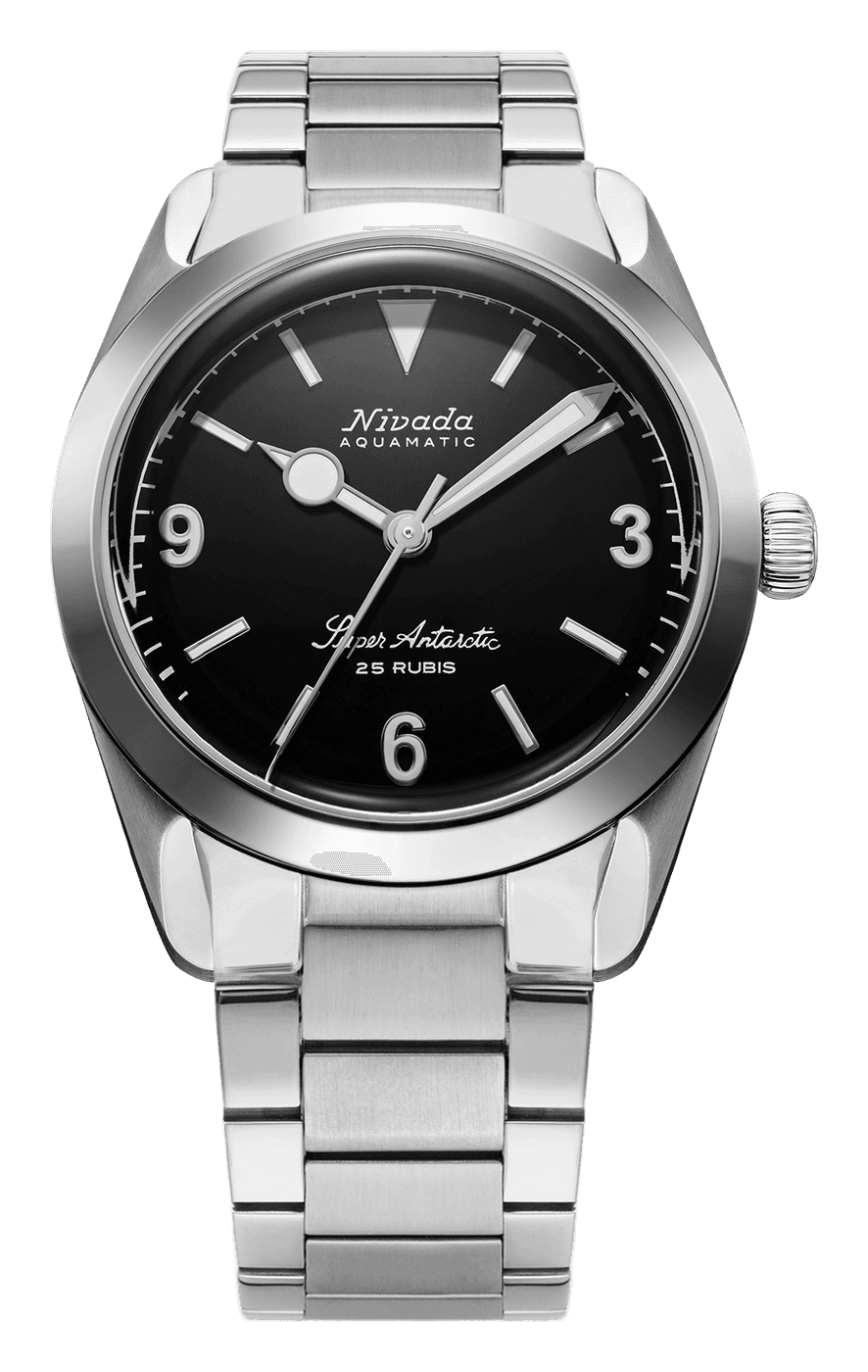 Nivada Grenchen Super Antarctic 3.6.9 with a black dial, 3, 6 and 9 numerals, a triangle at 12 and a round-tipped hour hand, on a flat-link steel bracelet