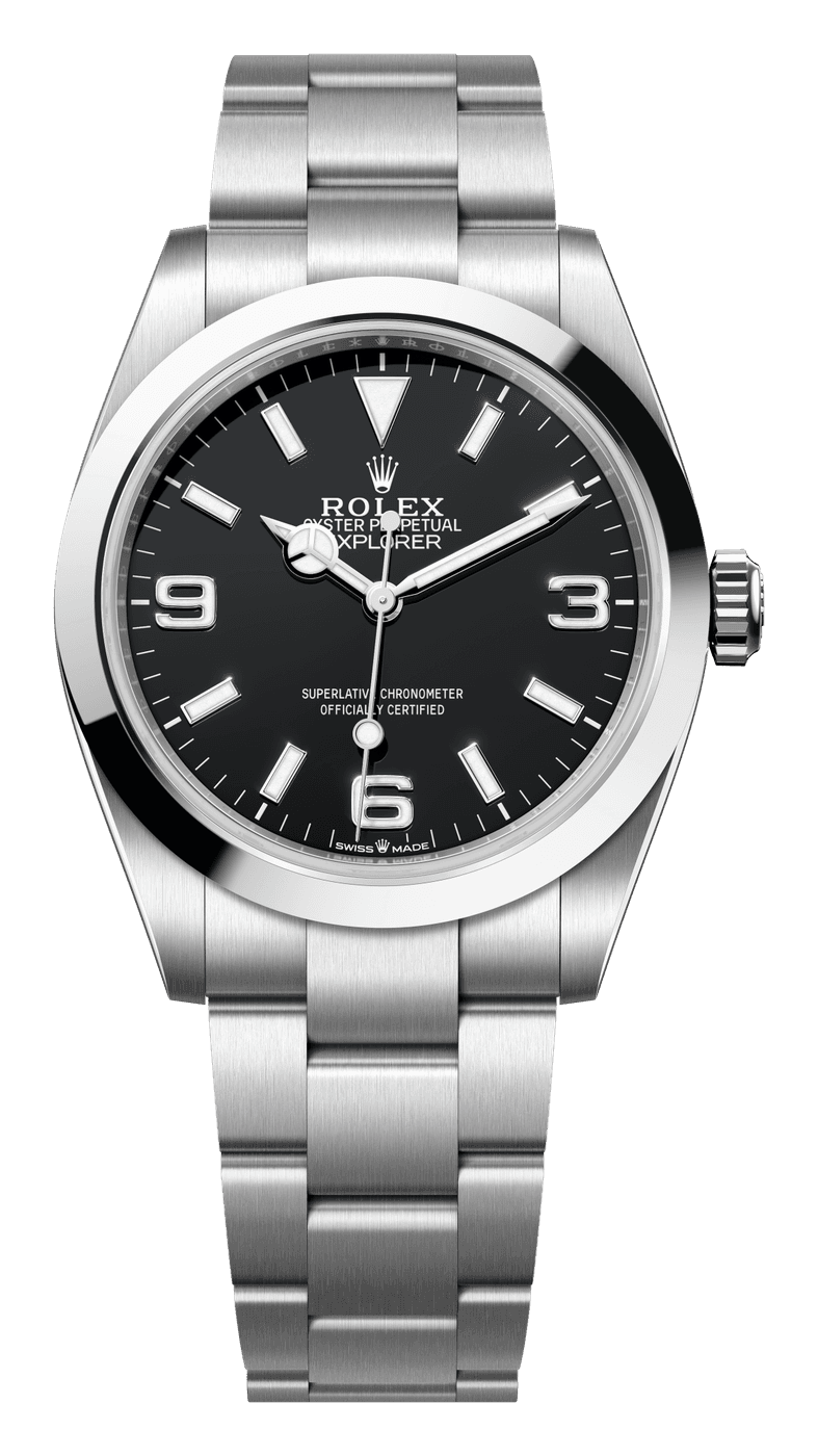 Rolex Explorer 40 with a black dial, luminous 3, 6 and 9 numerals, a triangle at 12 and a Mercedes hour hand, in a steel case with a smooth bezel on an Oyster bracelet