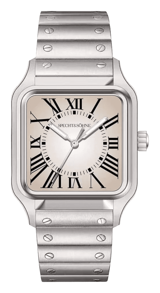Specht & Söhne SP0011Q3 with a cream gradient dial, black Roman numerals, silver hands and a round minute track, in a square steel case with a plain bezel, on a steel bracelet with screws on its links