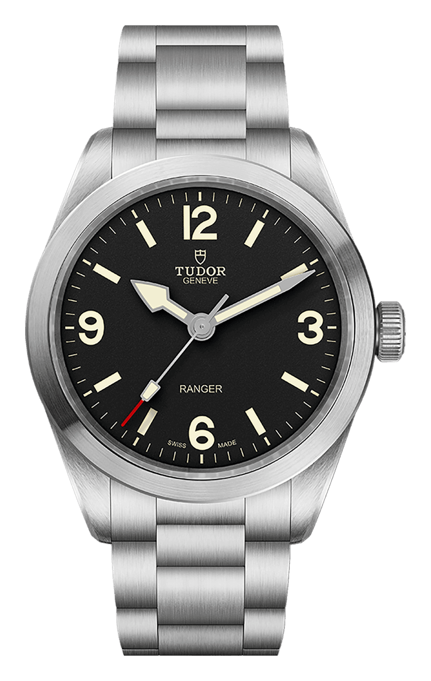 Tudor Ranger with a matt black dial, beige 12, 3, 6 and 9 numerals and an arrow hour hand, in a brushed steel case on a steel bracelet