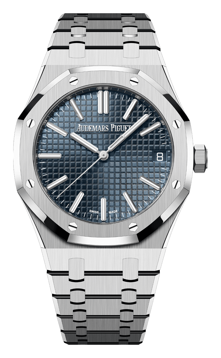 Audemars Piguet Royal Oak Selfwinding 41 with a blue Grande Tapisserie dial, an octagonal bezel with eight screws and a date at 3, on a steel bracelet