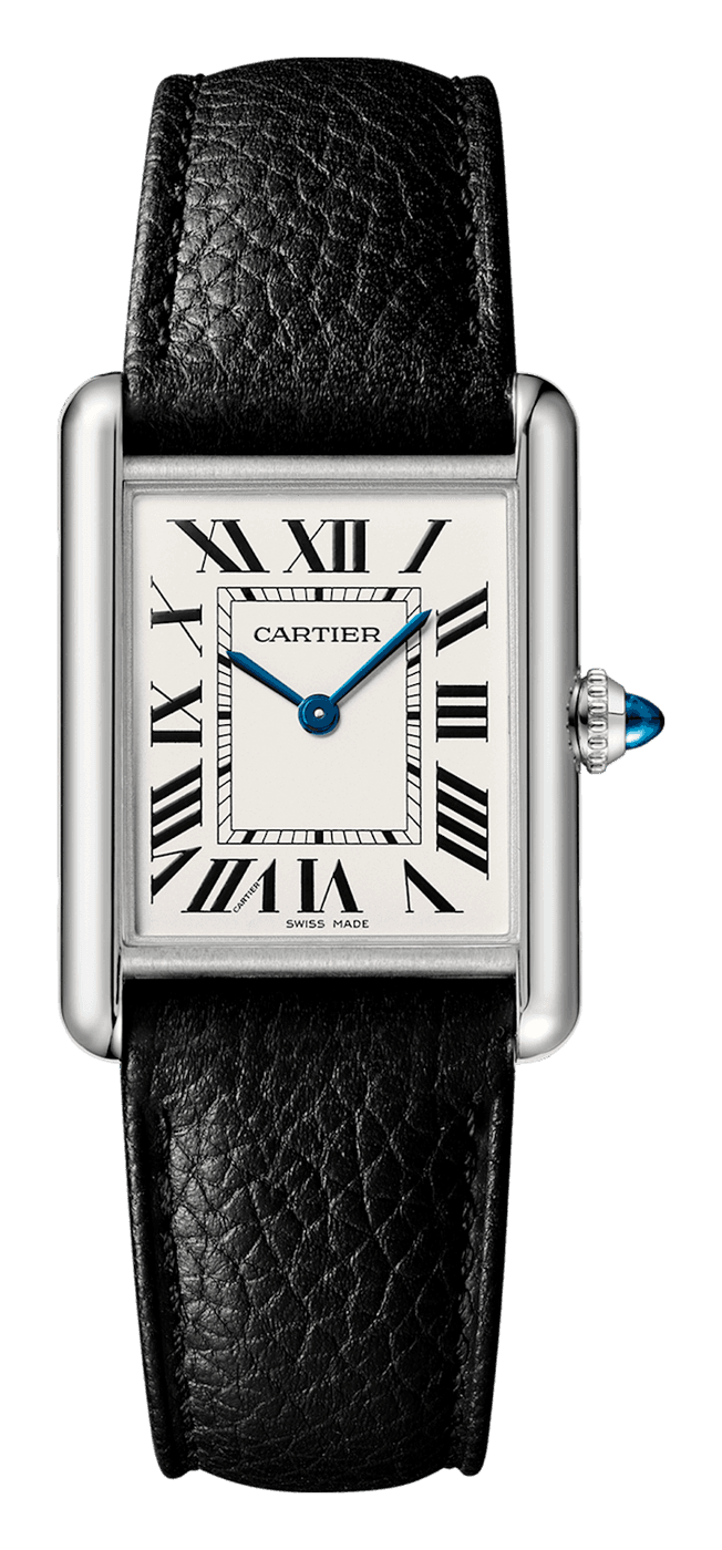 Cartier Tank Must, large, with a silvered dial, black Roman numerals, blued steel sword hands and a blue cabochon on the crown, in a steel case on a black leather strap