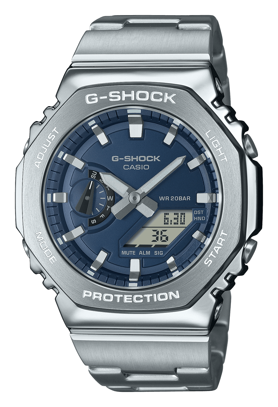 Casio G-Shock GM-2110D-2B with a navy dial, a small sub-dial and two digital displays under an octagonal steel bezel, on a steel bracelet