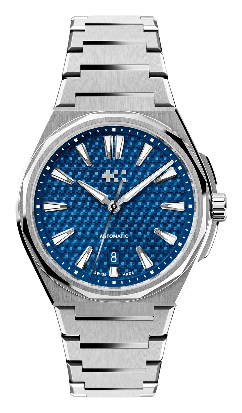 Christopher Ward The Twelve 40 with a Nordic Blue patterned dial, a twelve-sided bezel and a date at 6, on a steel bracelet