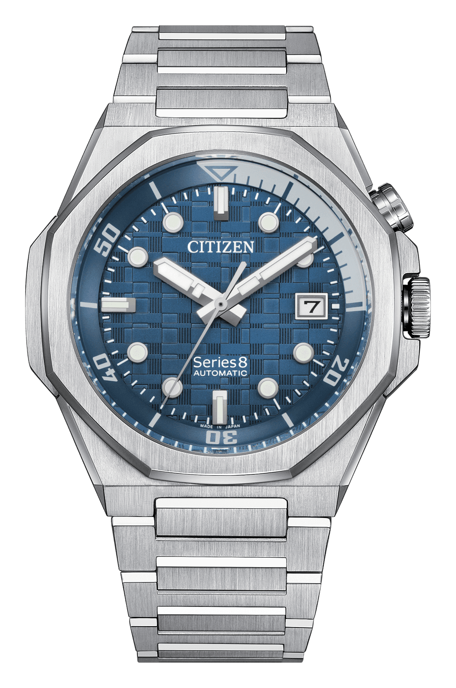 Citizen Series 8 890 with a blue grid dial, an inner ring marked 10, 20 and 30 and a date at 3, in an octagonal steel case on a steel bracelet