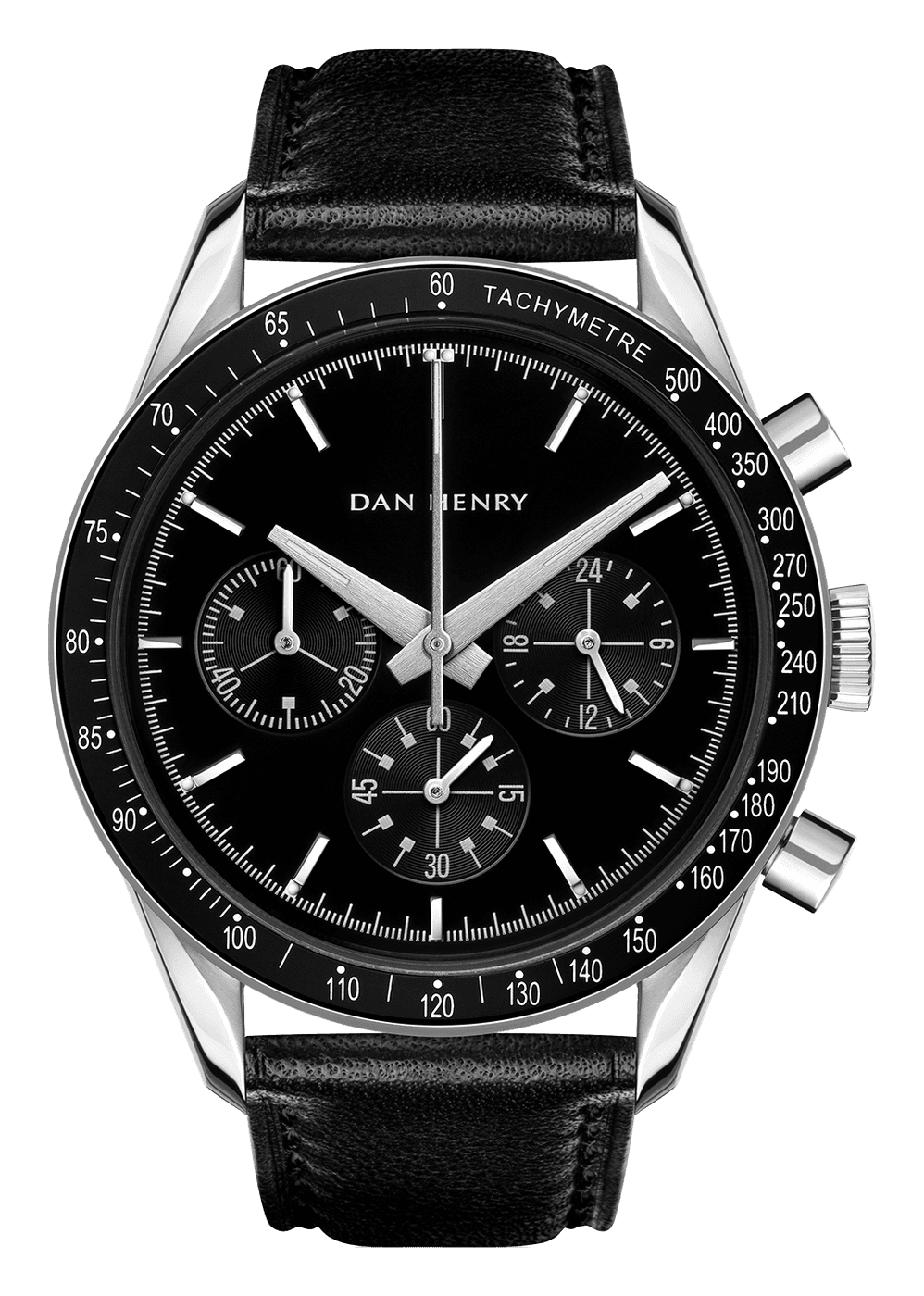 Dan Henry 1962 Racing Chronograph with a matte black dial, three black sub-dials and a black tachymeter bezel on a black leather strap