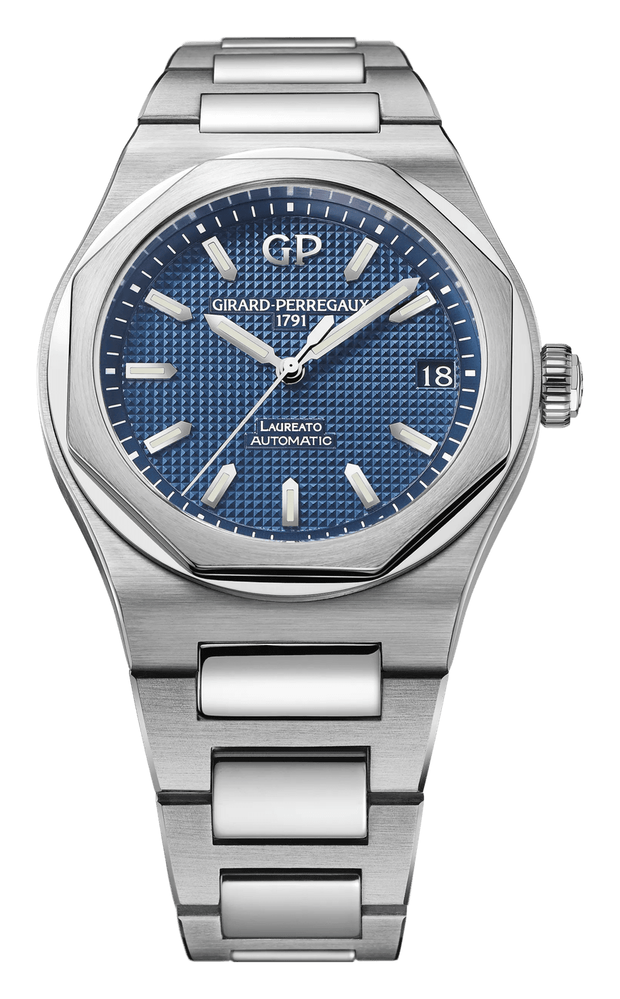 Girard-Perregaux Laureato 42 with a blue Clous de Paris dial, a polished octagonal bezel and a date at 3, on a steel bracelet