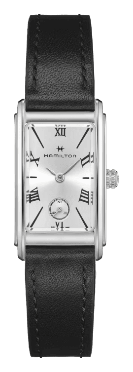 Hamilton American Classic Ardmore Small with a silver sunray dial, black Roman numerals and small seconds at 6, in a curved steel case on a black leather strap