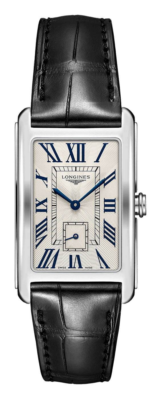 Longines DolceVita with a silver flinqué dial, dark blue Roman numerals, blued steel hands and small seconds at 6, in a polished steel case on a black alligator strap