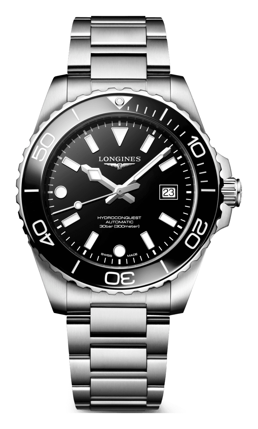Longines HydroConquest 42 mm with a black lacquered dial, baton hour markers, a date at 3 and a black ceramic bezel on a steel bracelet