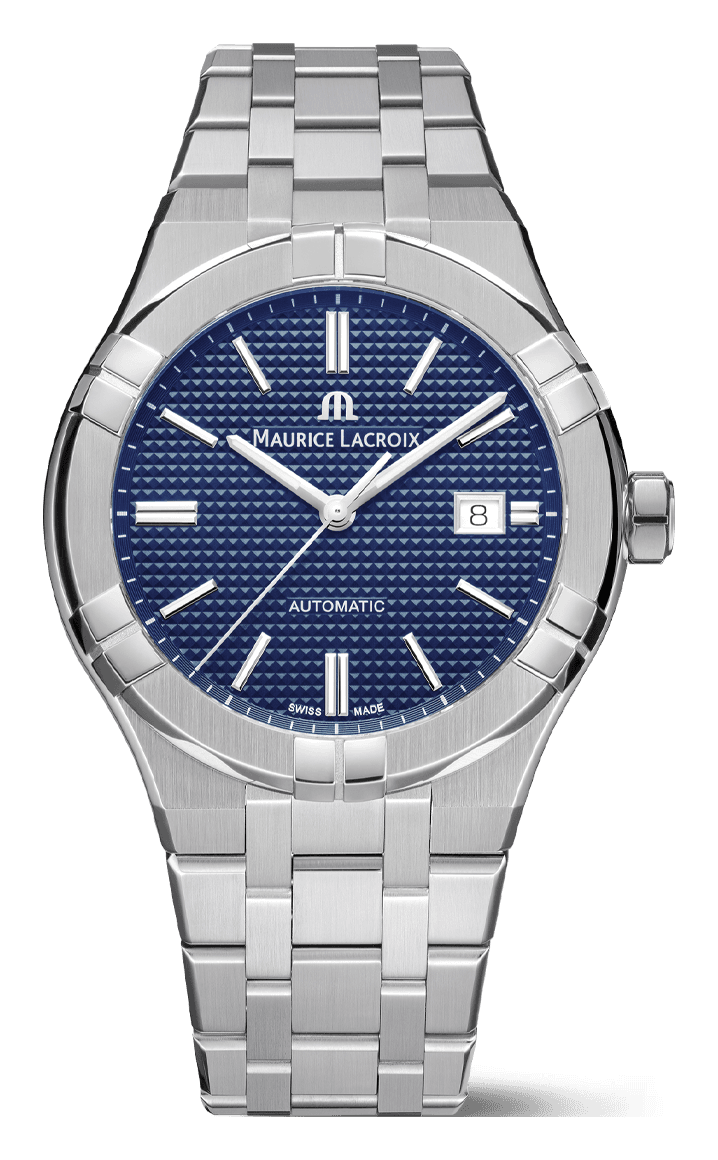 Maurice Lacroix Aikon Automatic 42 with a blue Clous de Paris dial, a round bezel with six claws and a date at 3, on a steel bracelet