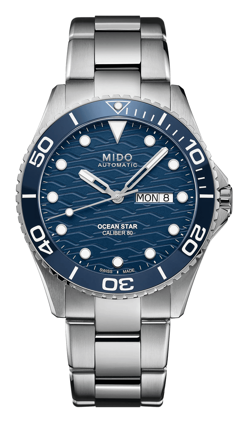 Mido Ocean Star 200C with a blue dial patterned with waves, a day and date at 3 and a blue ceramic bezel, on a steel bracelet