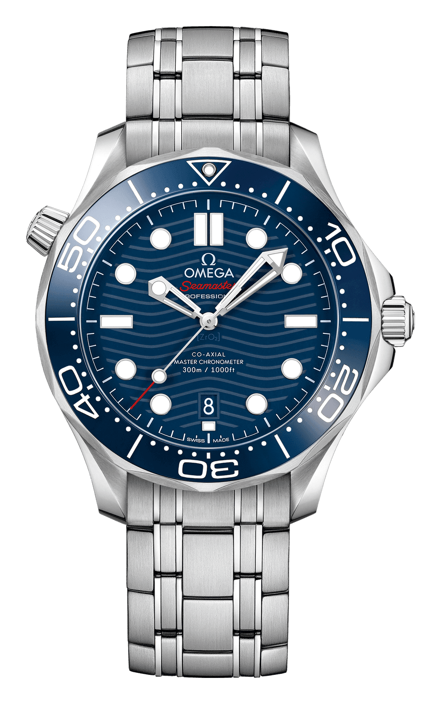 Omega Seamaster Diver 300M with a blue ceramic dial engraved with waves, skeleton hands, a date at 6 and a blue ceramic bezel, on a steel bracelet