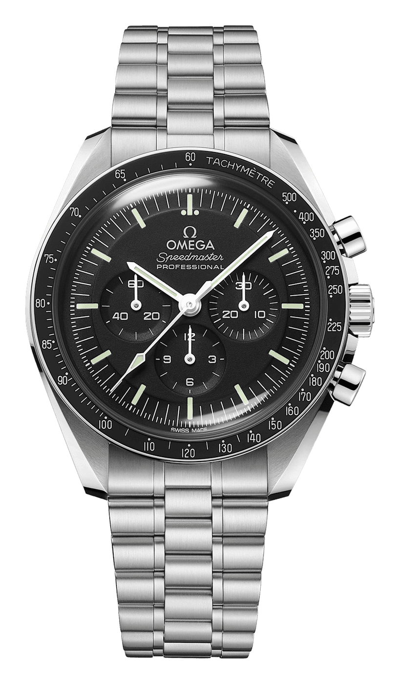 Omega Speedmaster Moonwatch Professional with a black dial, three black sub-dials and a black tachymeter bezel on a steel bracelet