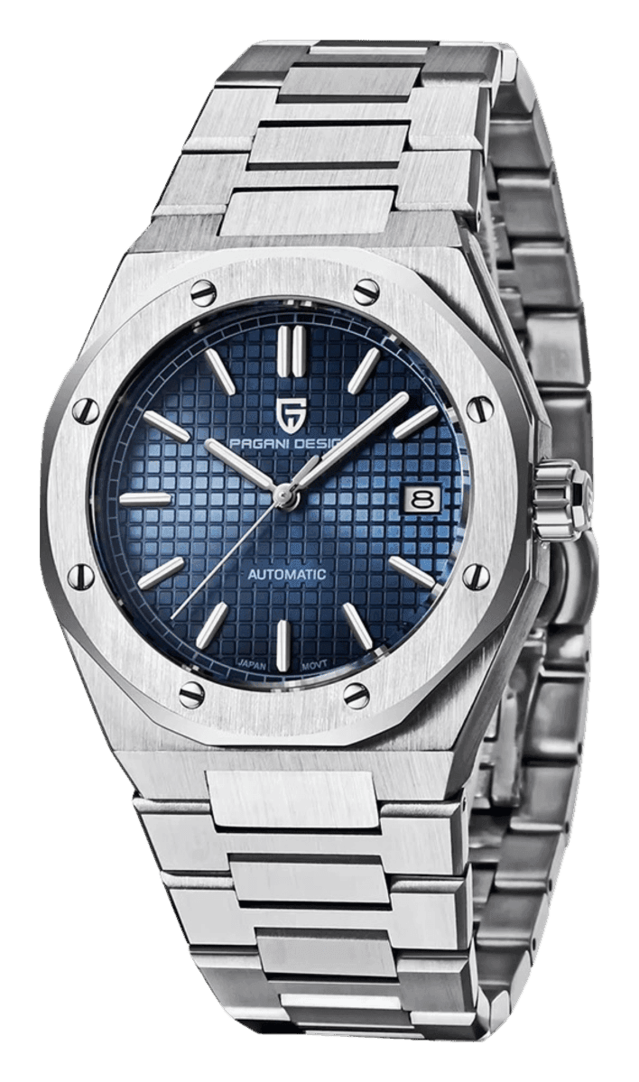 Pagani Design PD-1673, photographed at an angle, with a blue grid dial, an octagonal bezel with eight screws and a date at 3, on a steel bracelet