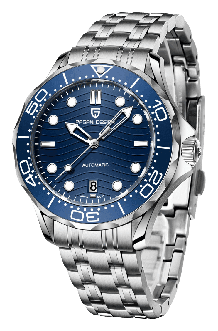 Pagani Design PD-1685, photographed at an angle, with a blue dial patterned with waves, skeleton hands, a date at 6 and a blue bezel, on a steel bracelet