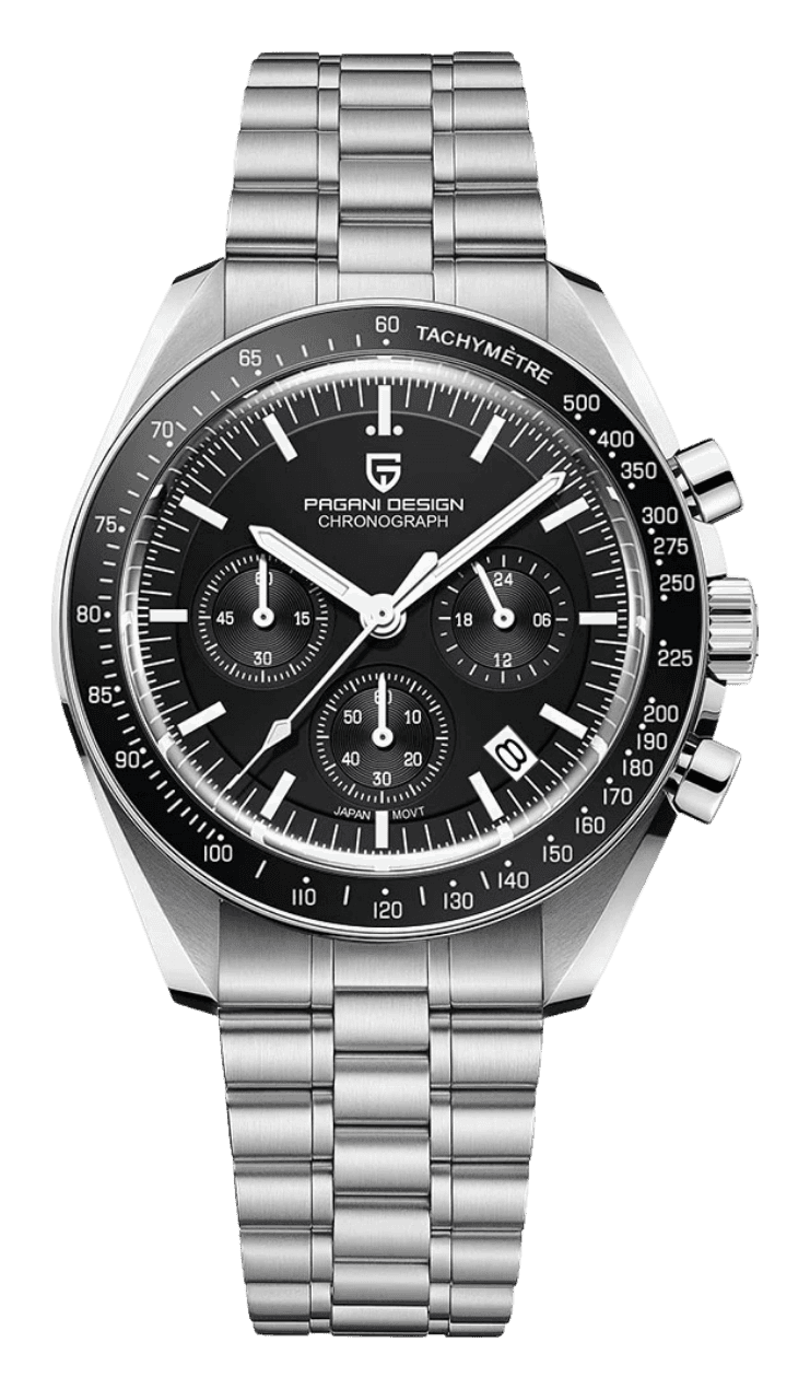 Pagani Design PD-1701 with a black dial, three black sub-dials, a date window and a black tachymeter bezel on a steel bracelet