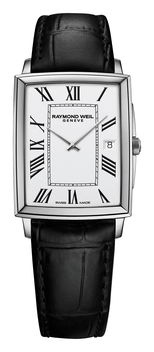 Raymond Weil Toccata with a white dial, black Roman numerals, steel leaf hands and a date at 3, in a polished steel case on a black leather strap with an alligator motif