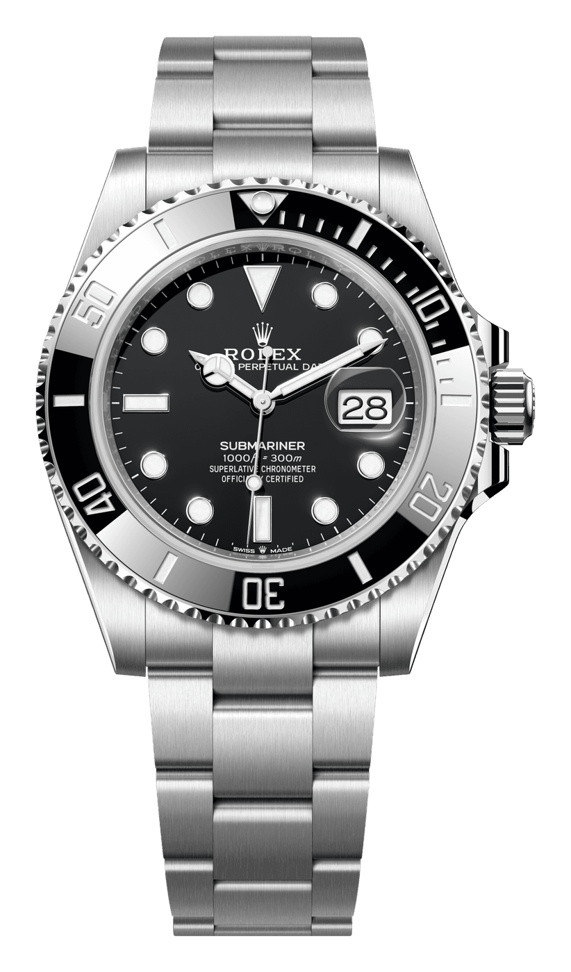 Rolex Submariner Date with a black dial, round and baton hour markers, a magnified date at 3 and a black ceramic bezel on a steel Oyster bracelet