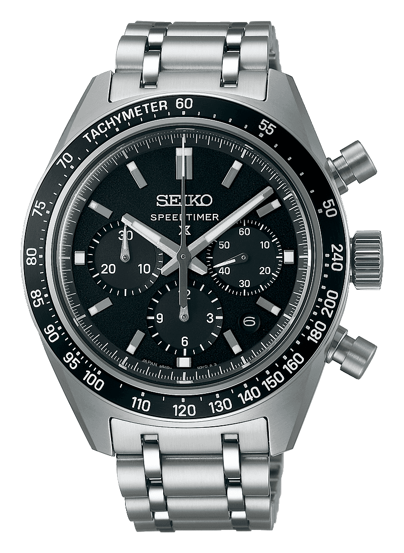 Seiko Prospex Speedtimer SRQ055J1 with a black dial, black counters and a black tachymeter bezel on a steel bracelet