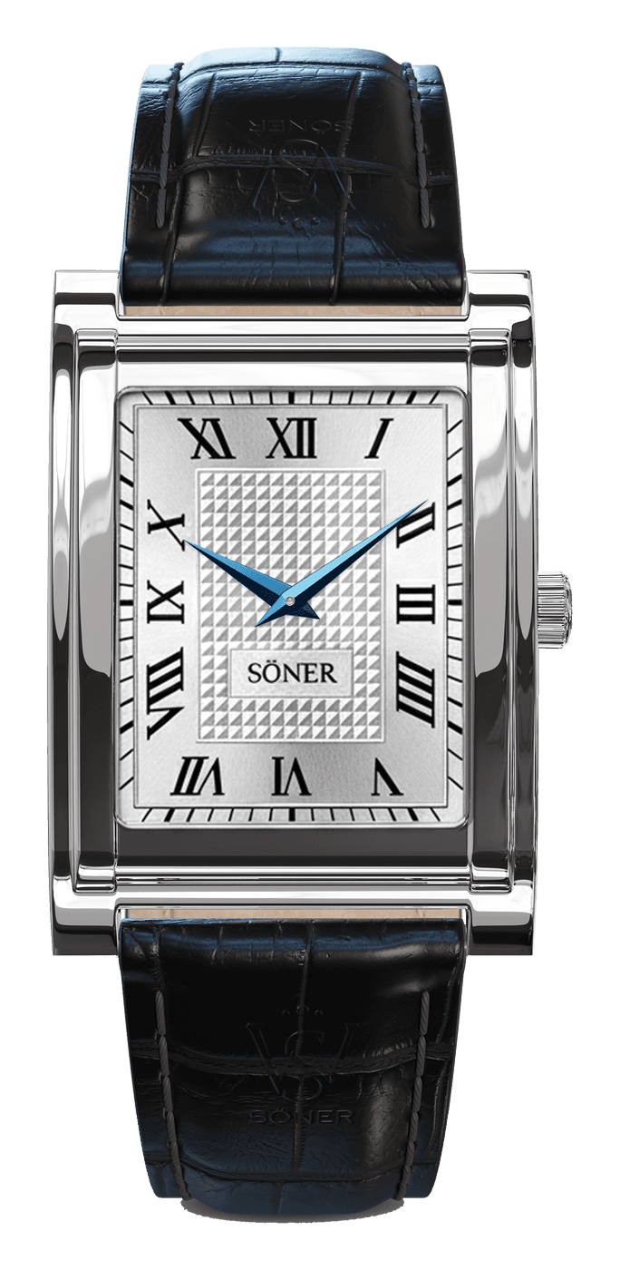 Söner Nostalgia Agustus with a silver patterned dial, black Roman numerals, a railway minute track and blued hands, in a polished steel case on a black alligator-pattern leather strap