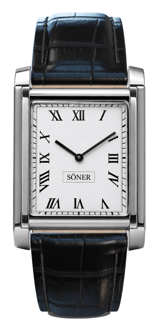 Söner Tank Royal Steel with a white dial, black Roman numerals, a railway minute track and black baton hands, in a polished steel case with side rails on a black alligator-pattern leather strap