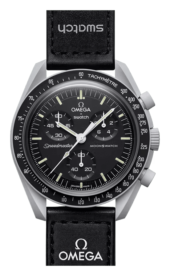 Swatch MoonSwatch Mission to the Moon with a black Speedmaster dial and a black tachymeter bezel in a grey Bioceramic case on a black Velcro strap
