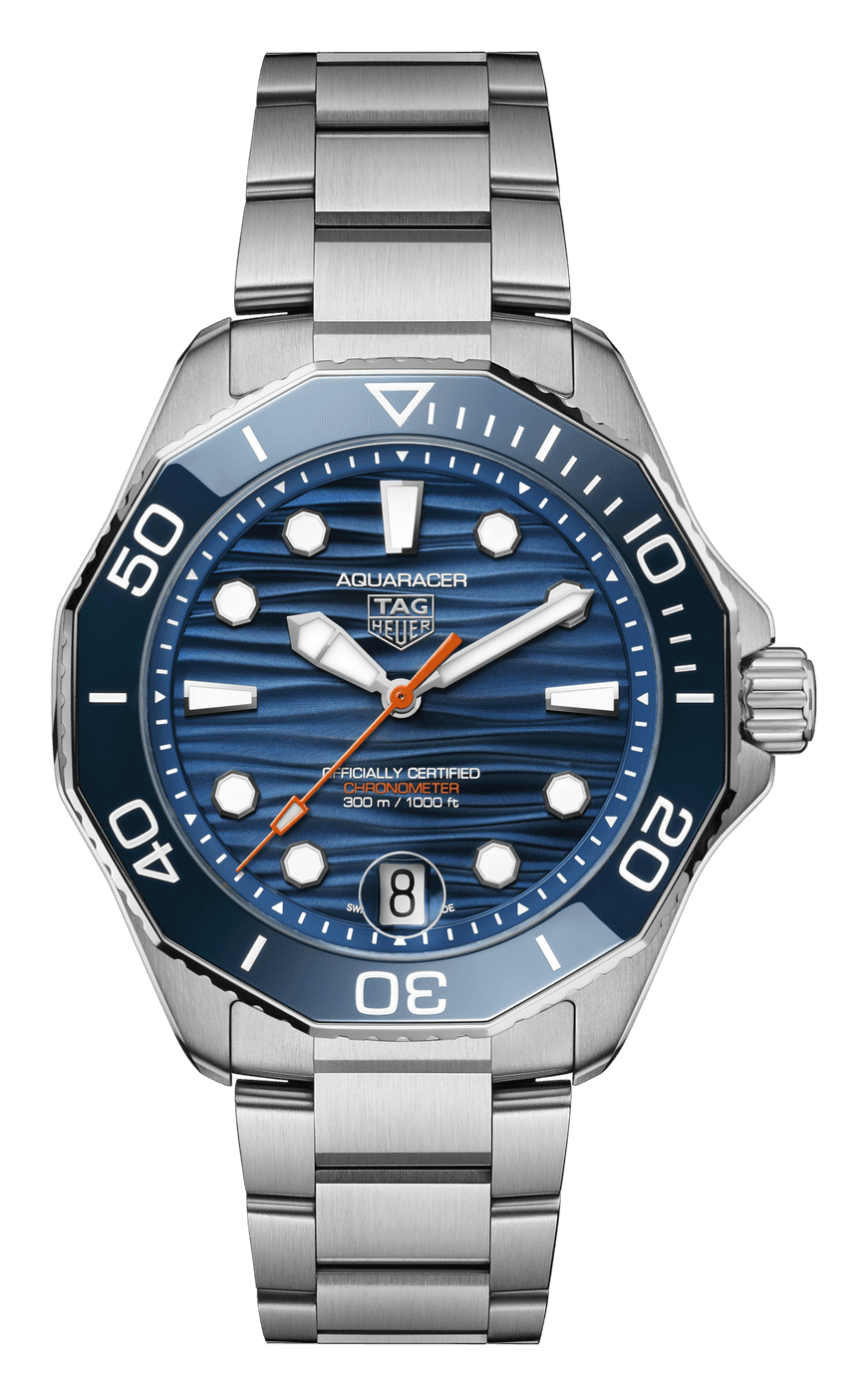 TAG Heuer Aquaracer Professional 300 with a blue dial patterned with waves, an orange seconds hand, a date at 6 and a twelve-sided blue ceramic bezel, on a steel bracelet