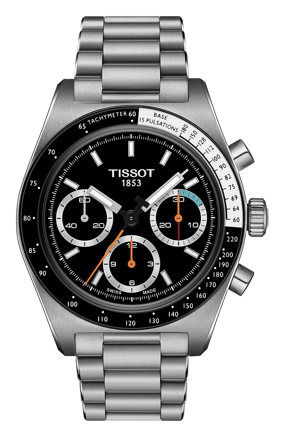Tissot PR516 Mechanical Chronograph with a black dial, sub-dials in silver rings, orange chronograph hands and a black tachymeter ring on a steel bracelet