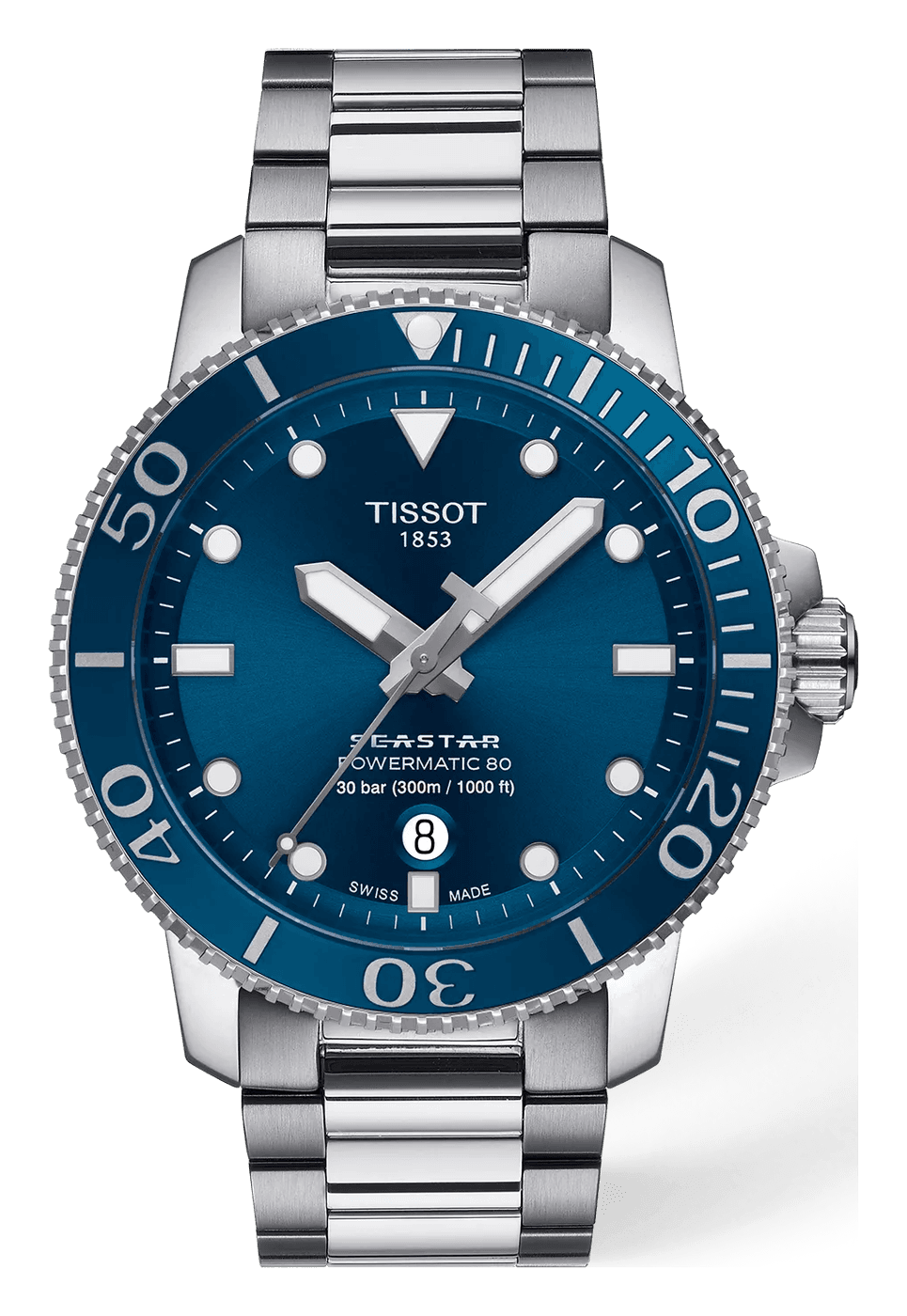 Tissot Seastar 1000 Powermatic 80 43 mm with a plain blue dial, a date at 6 and a blue ceramic bezel, on a steel bracelet