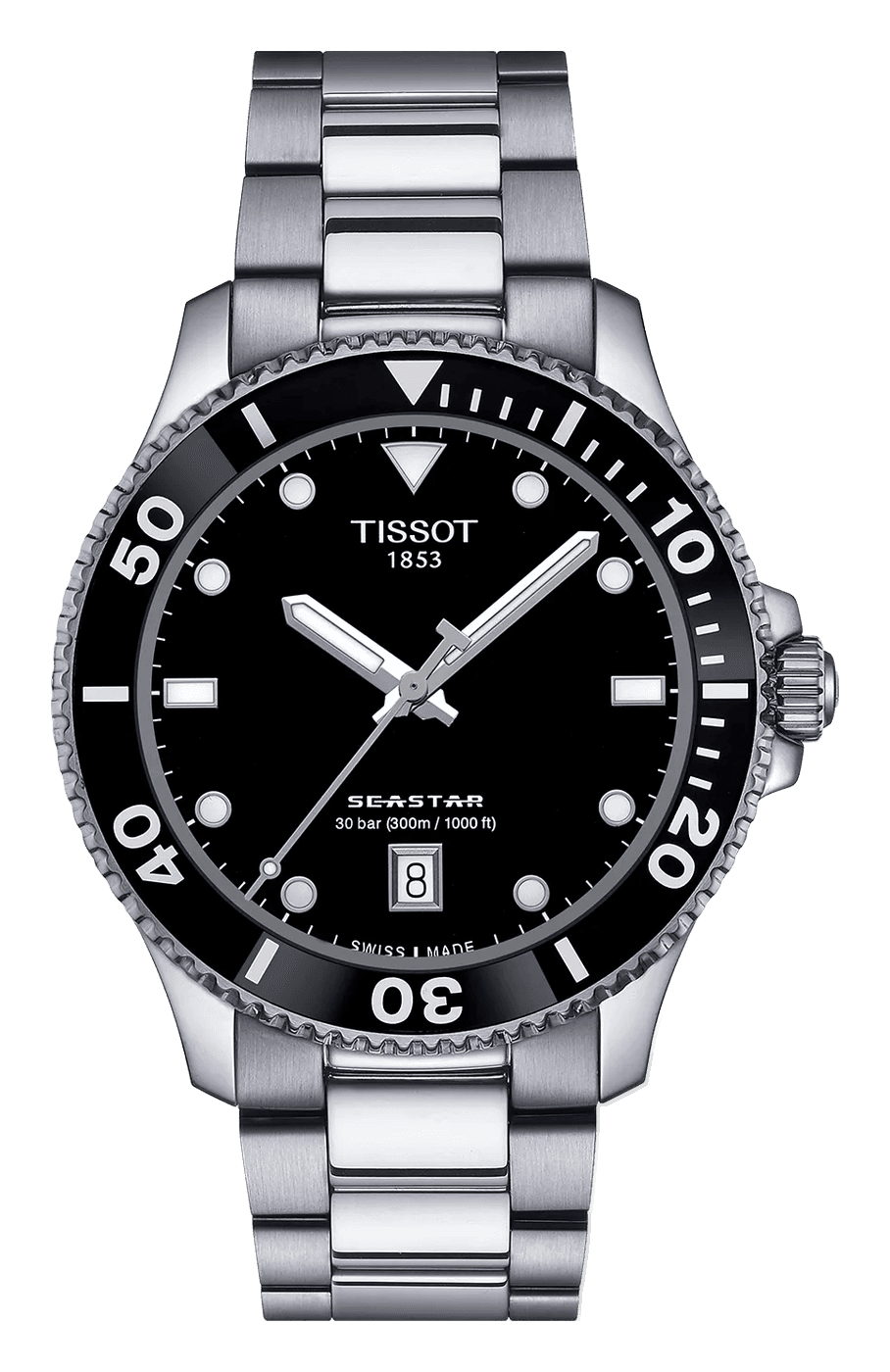 Tissot Seastar 1000 40 mm with a black dial, round hour markers, a date at 6 and a black diver's bezel on a steel bracelet