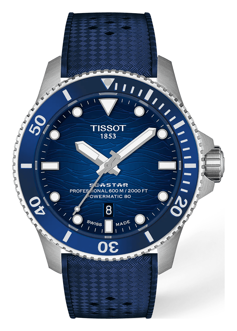 Tissot Seastar 2000 Professional 44 mm with a blue gradient dial patterned with waves, a date at 6 and a blue ceramic bezel, on a blue rubber strap