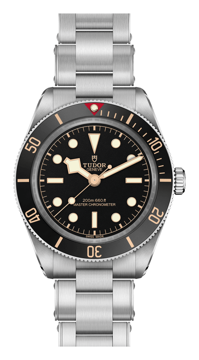 Tudor Black Bay 58 with a matt black dial, gilt hour markers, a snowflake hour hand and a black bezel with a red triangle on a three-link steel bracelet
